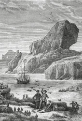 Ranskalaisen tutkimusmatkailijan Yves-Joseph de Kerguelen-Tremarecin (1734-1797) löytö Australian Ranskasta (Kerguelen-saaret), helmikuu 1772, kaiverrus, Intian valtameri, Ranskan eteläisten ja antarktisten maiden alue