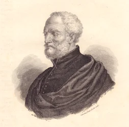 Italian diplomaatin ja maantieteen muotokuva Giovanni Battista Ramusio (1485-1557), kuparikaiverrus