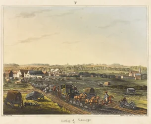 Genappen kylä, "Historiallinen kertomus Waterloon taistelusta", kaiverrus James Rouse, 1817 värillinen akvatinta