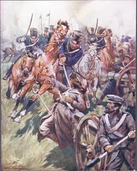 Kasakka ja venäläinen kelattu sapelin iskusta, kuvitus teoksesta "Balladit kuuluisista taisteluista", n. 1900 (värilitho)