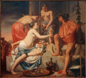 Valtaistuimella olevat Bacchus-nymfit tarjoilevat Bacchus-viiniä ja pe.