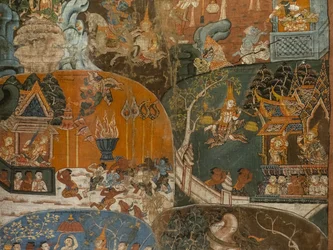 Boudhan (Dasa Jakata) kymmenen viimeistä edellistä elämää (yksityiskohta). Kambodža, 1700-luvun toinen puoli. Maali