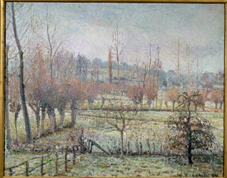 Valkoinen huurre, aamu tai lumiefekti Eragnyssa. Camille Pissarron (1830-1903) maalaus