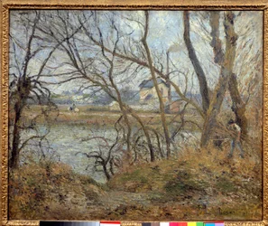 Banks of the Oise, lähellä Pontoisea, harmaa sää. Camille Pissarron (1830-1903) maalaus