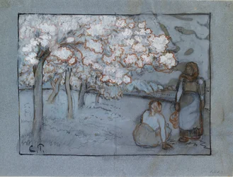 Sävellystutkimus kahdesta naistalonpojasta, jotka keskustelevat hedelmätarhassa, c1894