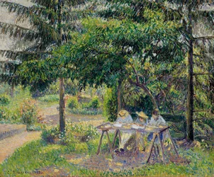 Lapset pöydissä Eragnyn puutarhassa - Camille Pissaron (1830-1903) maalaus, öljy kankaalle (58x71 cm)