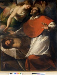 Pyhä Charles Borromeo San Carlo Borromeo tarkkailee kuollutta Kristusta. C. Procaccinin maalaus. Breran kuvagalleria. Milano