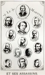 Louis Riel (1844-85) ja hänen murhaajansa, kuvitus teoksesta Le Gibet de Regina, julkaistu 1886