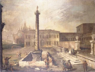 Piazzan capriccio palatsin edessä, jossa on Marcus Aureliuksen pylväs,