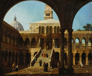 Canaletto - Capriccio Näkymä Palazzo Ducalen sisäpihalle ja Scala dei Gigantille Signeerattu ja päivätty 1744