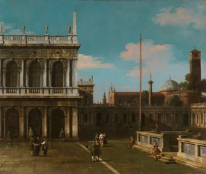 Canaletto - Capriccio Näkymä Piazzettaan ja Libreriaan Signeerattu ja päivätty 1744