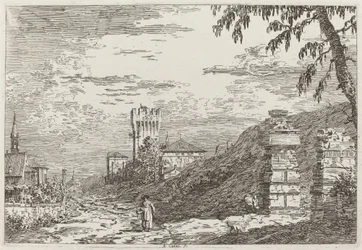 Maisema tornin ja kahden raunioitetun pilarin kanssa [vasemmalla], n. 17351746.