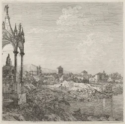 Näkymä kaupunkiin, jossa on piispan hauta, n. 17351746.