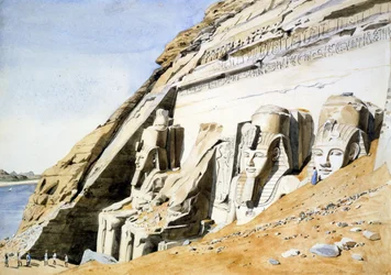 Abu Simbelin suuren temppelin edustalla, Ramses II:n jättimäiset hiekkakivipatsaat. Kirjoittanut Canon G Frederick Weston