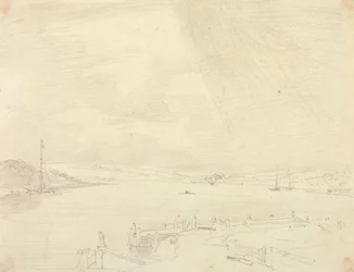 Luonnos merenrantamaisemasta, jossa on laituri etualalla, Isle of Wight