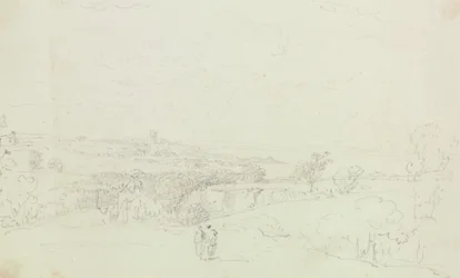 Piirretty maisema, jossa on linna kaukana