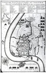 Kenraali Hamiltonin ja Conrad de Rosenin piirittämä Londonderry, kaiverrus J. Sturt, 1689