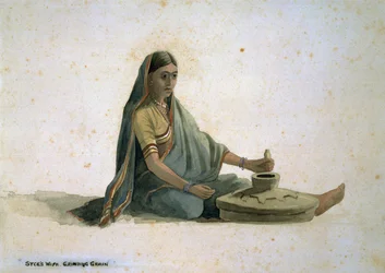 Sycen vaimo, jauhaa viljaa, Intia