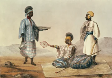 Sudanin mustia ihmisiä, kuvalaatta teoksesta "Kertomus matkoista Pohjois-Afrikassa", kaivertanut M. Gauci (toimi 1810-46), 1821