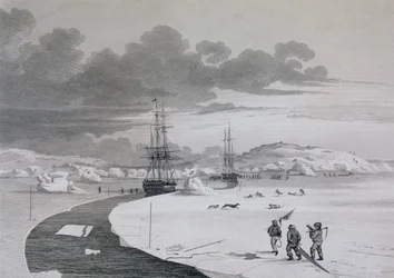 Leikkaus Winter Islandiin, lokakuu 1821, Journal of a Second Voyage for the Discovery of Luoteisväylä Atlantilta Tyynellemerelle, esittämänä vuosina 1821-22-23, William Edwar