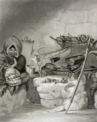 Eskimo-lumimajan sisustus, Winter Island 1822, kaiverrus Edward Francis Findenin (1791-1857) pubissa. Kirjailija: John Murray, 1824