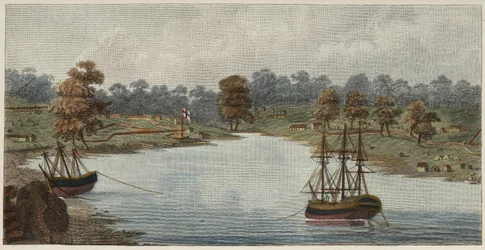 Sydney Cove, 1788 (käsinvärinen kuparikaiverrus)