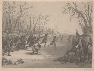 Dahcota (Sioux) -intiaanien pallopeli, Charles Kennedy Burtin (1823-92) etsaus, joulukuuhun 1850 mennessä (etsaus)