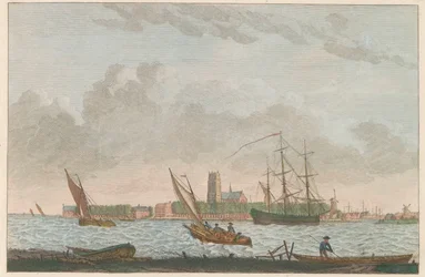 Dordrecht Merwedestä, noin 1790 Dordrecht van de Merwe esillä / La ville Dordrecht - palkinto du coté dela riviere dite la Merwe (otsikko esineessä)
