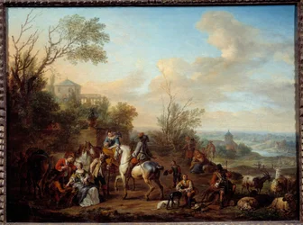 Metsästäjien pysähdys Carel Van Falensin (1683-1733) maalaus 1700-luvun aurinko. 0,45x0,6 m
