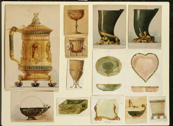 Mallivalikoima, House of Carl Faberge (kortilla lyijykynä ja akvarelli korostettu valkoisella ja kullalla)