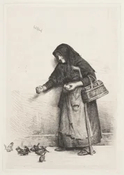 Vaimo varpusten kanssa