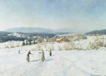 Maisema hiihtäjien kanssa