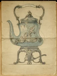 Muotoiltu hopeinen vedenkeitin ja teline, House of Carl Faberge