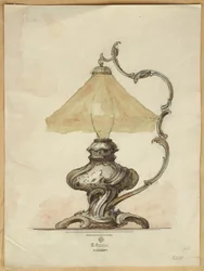 Piirustus rokokootyylisestä hopeisesta pöytävalaisimesta, jossa on kierretty uurrettu runko, House of Carl Faberge