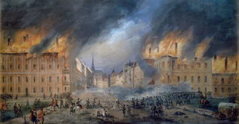 Bătălia de la Sternbarrikade în Jagerzeile pe 28 octombrie 1848, revoluție la Viena, incendiu în oraș, pictură de Carl Goebel (1824-1899), austriac finlandez