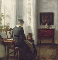 Äiti ja lapsi sisätiloissa (öljy kankaalle)