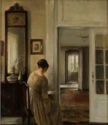 Luento. La femme du peintre - Lukeminen. Taidemaalarin vaimo - Carl Holsoe (1863-1935). Öljy kankaalle Mitat : 58x52 cm Yksityiskokoelma