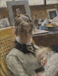A Studio Idyll: Taiteilijavaimo ja heidän tyttärensä Suzanne, 1885 (pastelli)