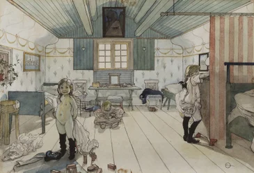 Äidit ja pienten tyttöjen huone, Koti-sarjasta, n. 1895 (wc paperilla)