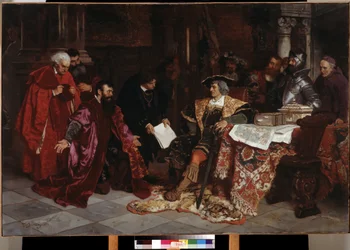 ""Keisari Maximilian I (1459-1519) vastaanottaa Venetsian suurlähettiläät Veronassa" (Keisari Maximilian vastaanottaa Venetsian suurlähettiläät Veronassa) Carl Ludwig Friedrich Beckerin (1820-1900) maalaus 1879 Pushkin-museo, Moskova