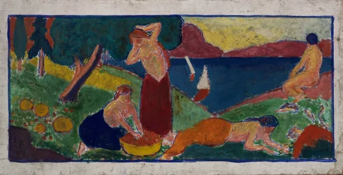 (Naiset maisemassa, sininen reunus) (Women in Landscape with Blue Border)