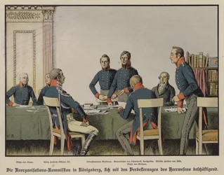 Kuningas Frederick Vilhelm III osallistumassa Preussin sotilaallisen uudelleenjärjestelykomission kokoukseen Königsbergissä (värilitho)