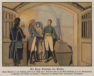 Venäjän tsaari Aleksanteri I vierailee Friedrich Suuren haudalla Potsdamissa kuninkaan Fredrik Vilhelm III:n ja Preussin kuningatar Luisan kanssa ja vannoi horjumatonta ystävyyttään, 5.11.1805 (värilitho)