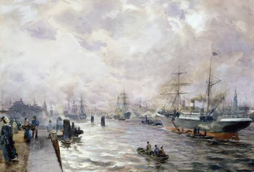 Purjelaivoja Hampurin satamassa, 1889 (wc ja guassi paperilla)
