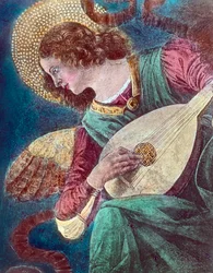 Enkelimuusikko. Osa italialaisen renessanssimaalarin Melozzo da Forlin, joka tunnetaan myös nimellä Michelozzo degli Ambrogi (1438 - 1494), noin vuonna 1480 maalaamasta freskomaalauksesta. Kuvan päivämäärä: noin 1900. Carl Simonin arkisto