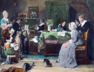 Perhekonsertti. Saksalaisen taidemaalarin Fritz von Uhden (1848-1911) maalaus vuodelta 1881. Kuvan päivämäärä: noin 1890. Carl Simonin arkisto
