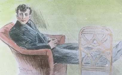 Titanicin neitsytmatka 1912, kuva luultavasti Harold Bride, yksi Titanicin langattomista sähkeoperaattoreista, historia, historiallinen, Carl Simon, käsin värjätty lasidiaposliini