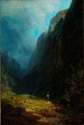 ""Paysage de haute vallee alpine"" Vue du mont Wendelstein Allemagne (Alppilaakson maisemassa Wendelstein-vuoren kanssa) Peinture de Carl Spitzweg (1808-1885) Öljy kankaalle vers 1871 Koko 88,5x59 cm Museum Kunstpalast, Dusseldorfpalast