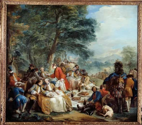 Metsästyspysäkki Aatelisten piknik metsästyspelin aikana. Charles Andre Van Loon (1705-1765) maalaus 1700-luvun aurinko. 2,2x2,5 m.