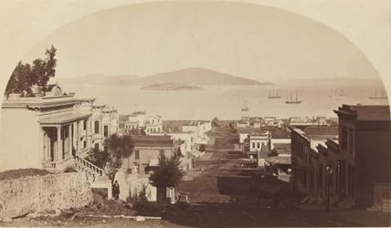 Alcatrazin saari ja San Franciscon lahti, katse pohjoiseen, 1880-luku.